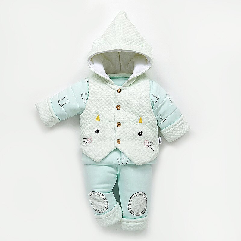 3 Stks/set Baby Meisje Winter Kleding Hooded Fluwelen Warme Baby Jongen Kleren Jas + Vest + Broek Baby Kleding Set voor 0-1 Jaar Oud: green / 3M