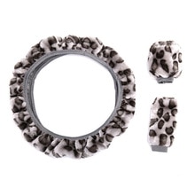 1Set Gray Leopard Fluff Plush Steering Wheel Hand Brake Gear Position Gear Winter Three-piece Fur Cover Car Interior Accessories