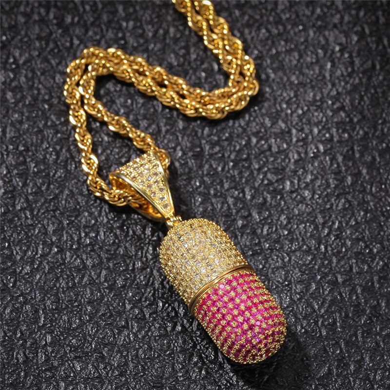 Pieno Zircone Cubico penna Della Capsula Della Pillola Pendenti con Gemme E Perle Collana di anca salto Bling Ghiacciato Fuori Rame medaglione Rapper Gioielli Staccabile Regalo: C