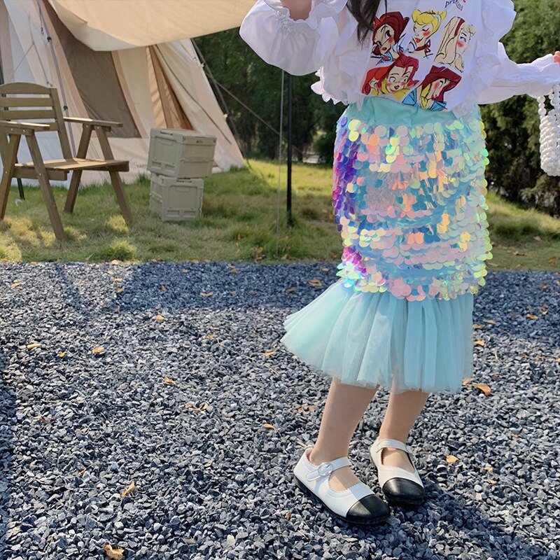 Gonna a coda di pesce con paillettes per ragazze 2-7Y moda per bambini New Spring Mermaid Princess Skirt Patchwork Mesh tromba gonne longuette