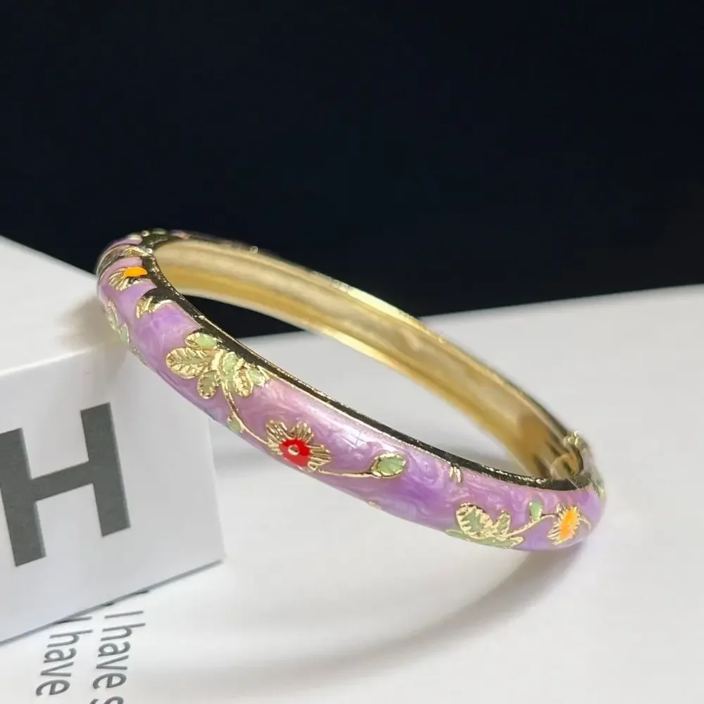 Emalje kinesisk cloisonné armbånd dobbelt armbånd kinesisk pæon filigran blomst armbånd traditionel vintage håndarmbånd: Guldfarve