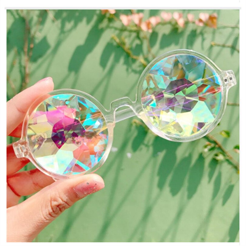 Kaléidoscope rond lunettes Rave Festival hommes femmes concepteur holographique kaléidoscope femme mâle lunettes de soleil rétro: Clear