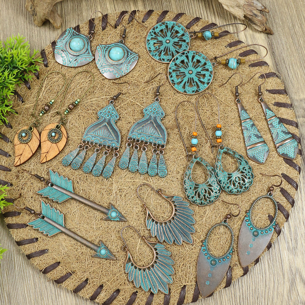 Pendientes bohemios étnicos Vintage de Color bronce para mujer, aretes colgantes geométricos de flor tallada en piedra azul clásica, joyería Jhumka