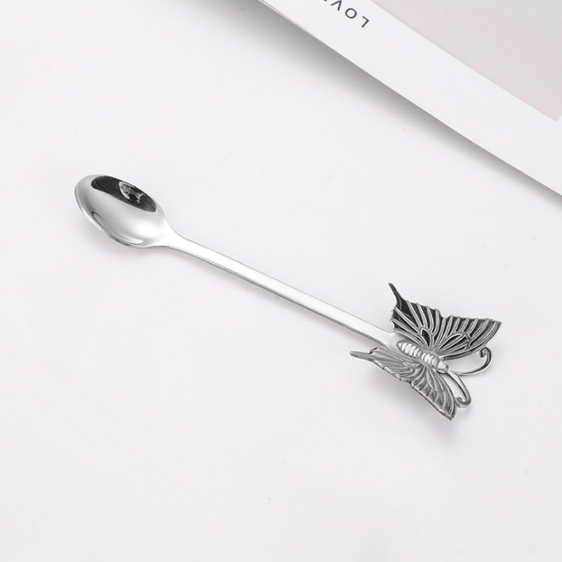 Cuillère à café en acier inoxydable 304, cuillère à café pour Dessert au sucre plaqué or, fourchette à fruits, polissage miroir poignée papillon, vaisselle 1 pièce: Silver Spoon
