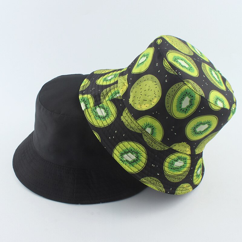 Bob Bucket Hats Men Women Summer Sun Cap Hip Hop Gorros Fruit Kiwi Apple Lemon Strawberry Print Reversible Fisherman Hat: Kiwi black