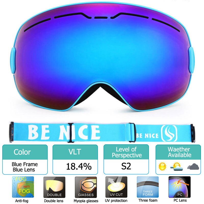 Uv400 anti-condens skibrillen met dubbele laag, grote lenzen, skibrillen met grote frame, sneeuwbrillen voor mannen, snowboardbrillen met spiegelcoating: Blauw