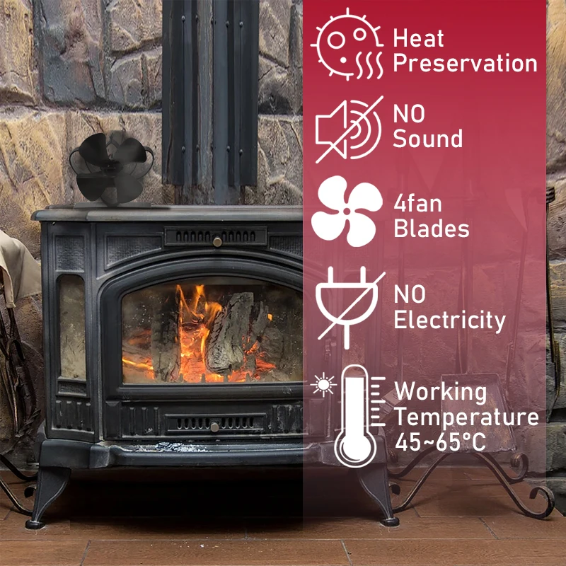4-Blatt-Kaminventilator, wärmebetriebener Ofenventilator, Heizung für Holzscheite, Holzbrenner, umweltfreundlicher Kaminventilator, effiziente Wärmeverteilung für zu Hause