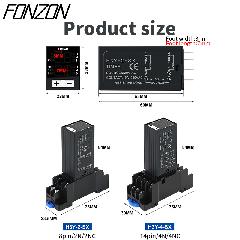 Digitale Power-On Vertragingsrelais H3Y-2(8pin)H3Y-4(14pin) Timer Relais 0.1S-99H Cyclusvertraging Met Basis Ac 220V Dc 12V Dc 24V