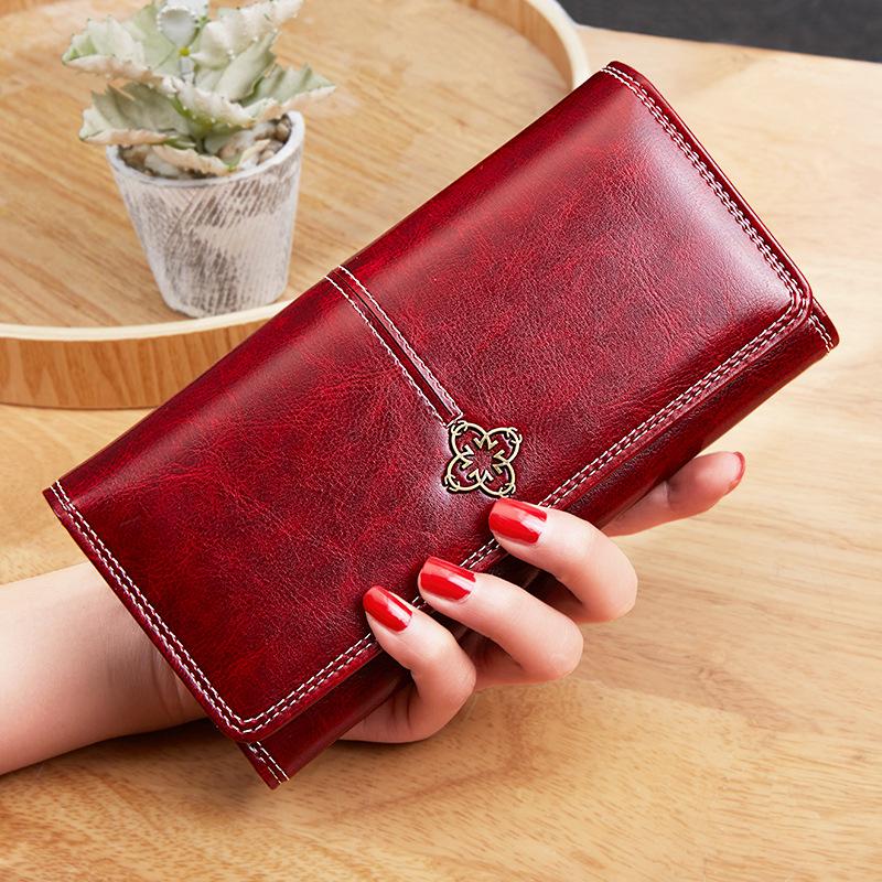 Women's Wallet Wax oil skin wallet portfel damski Lady Long Leather Clutch Bag Wallet Card Holder carteira feminina: Red