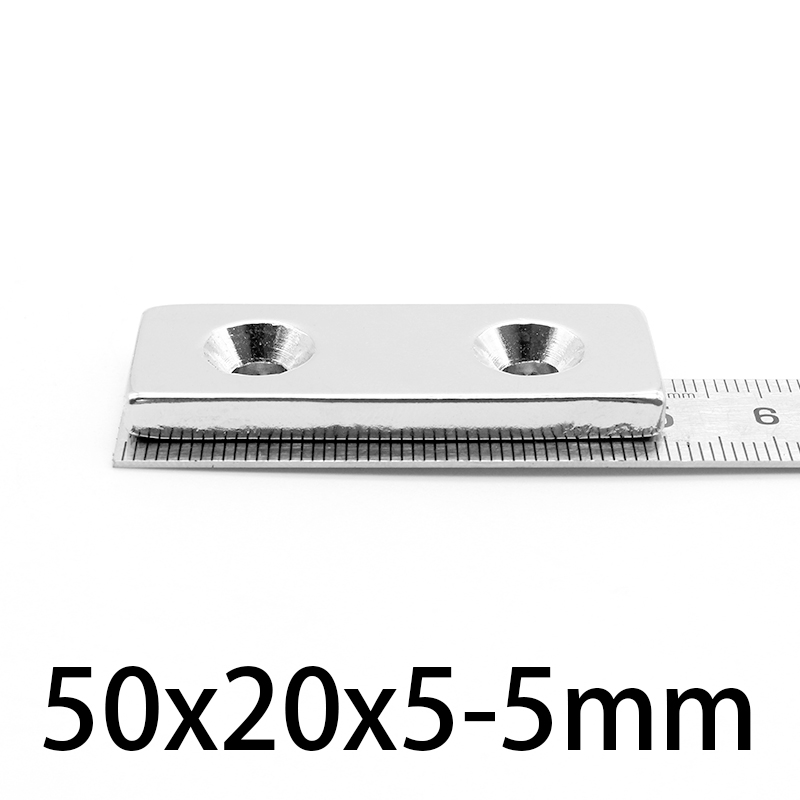 Imán de tierra rara de hoja grande, bloque de imanes permanentes de 50x20x5-5mm, potente imán magnético, 2 agujeros, 5mm, 2-10 Uds.