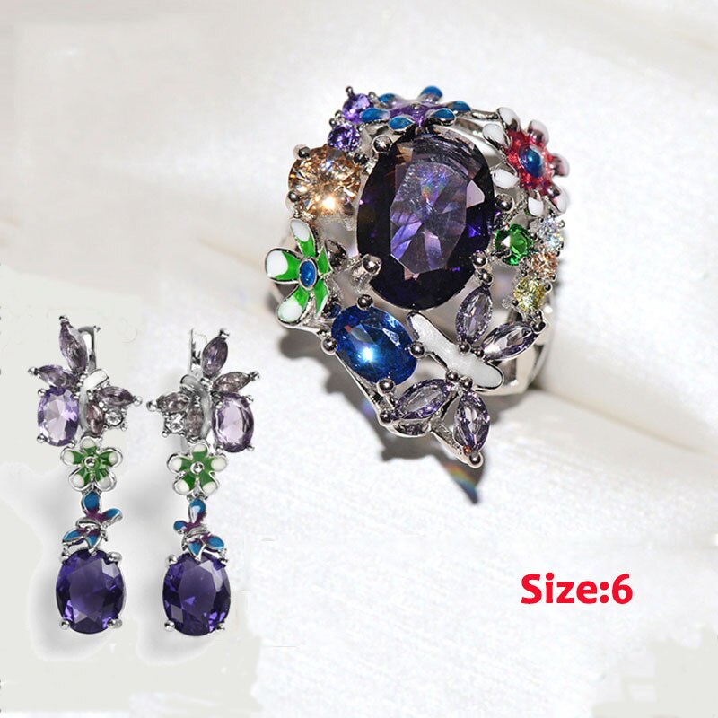 BAOSHINA Set di gioielli da sposa di lusso in zircone viola con fiore viola per donne Grils orecchini anello accessori gioielli femminili: 6