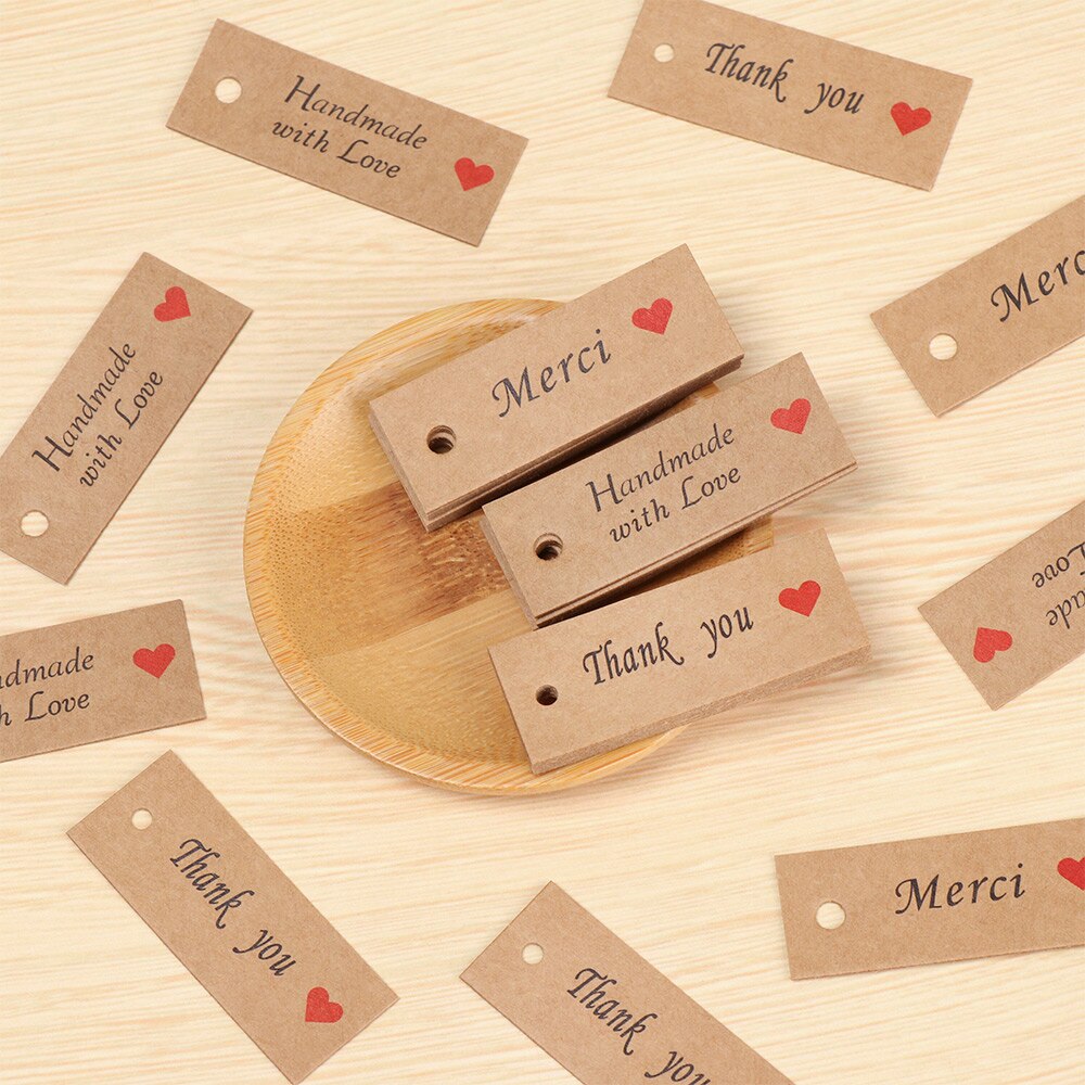 100 Pcs Kraft Papier Tags Dank U/Handgemaakte Met Liefde Papier Hangen Kaarten Prijs Label Diy Ambachten Bruiloft party Decor