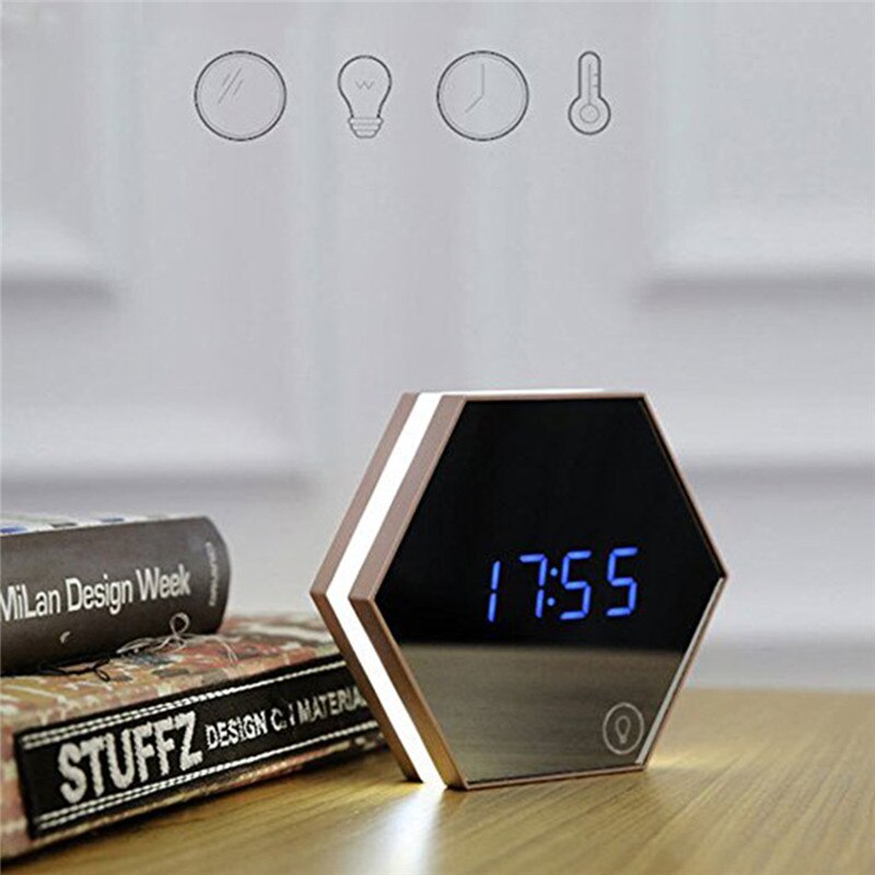 Digital Touch Sensor Wall Alarm Clock Modern Mirror LED Wake-Up Clock Multifunctional Table Clock Home Decoration Light