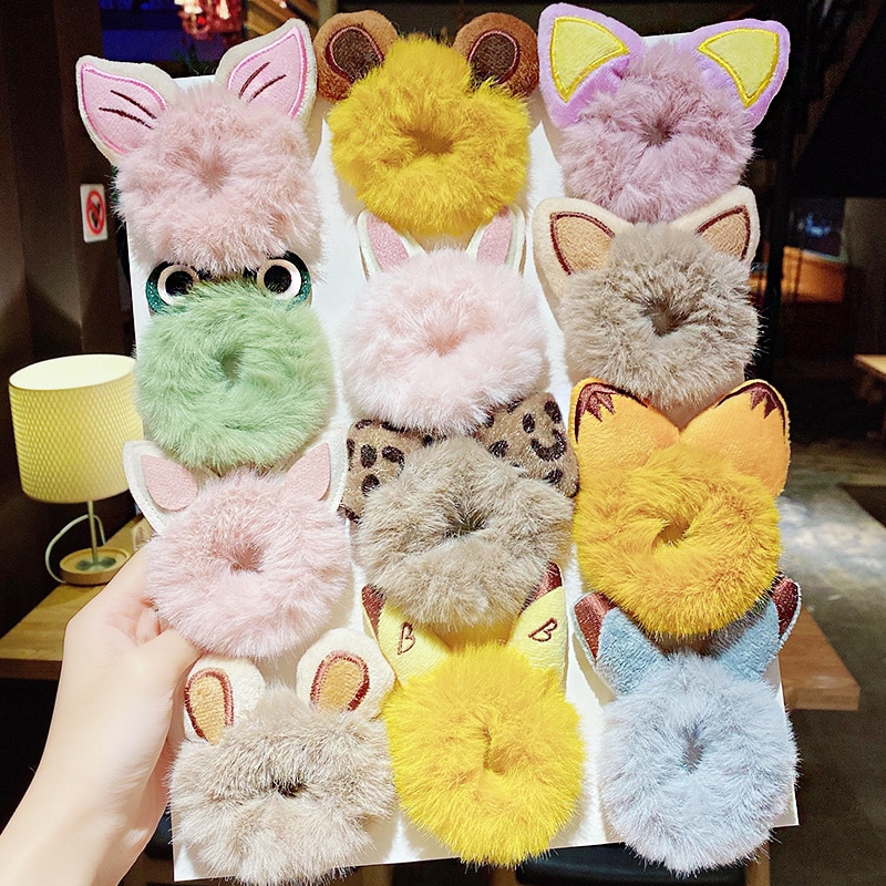 Winter Girls Cute Cartton Animals Ears Plush Scrunchie Ponytail Holder Hair Rubber Bands Headband Hair Accessories