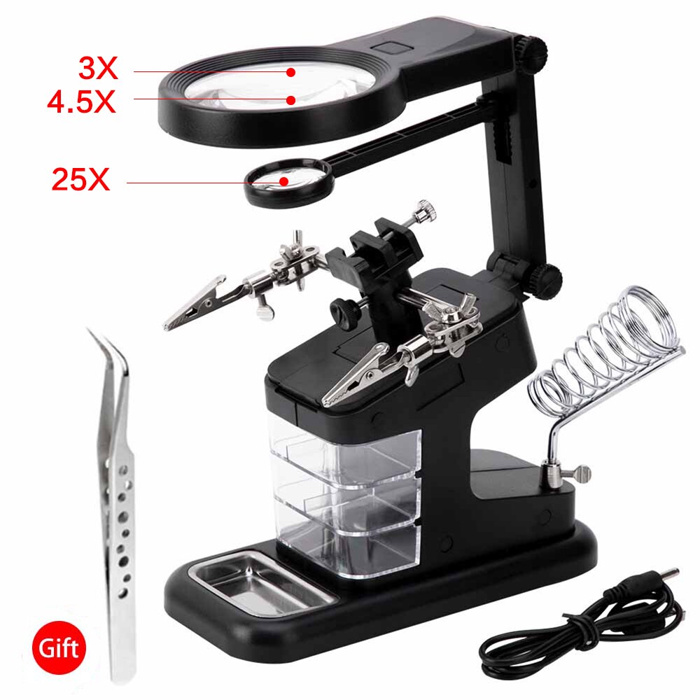 Support de fer à souder avec loupe Led 3X 4.5X 25X, pince crocodile, aide à la réparation de la Station de travail manuelle, outils de soudage: 7026 Black