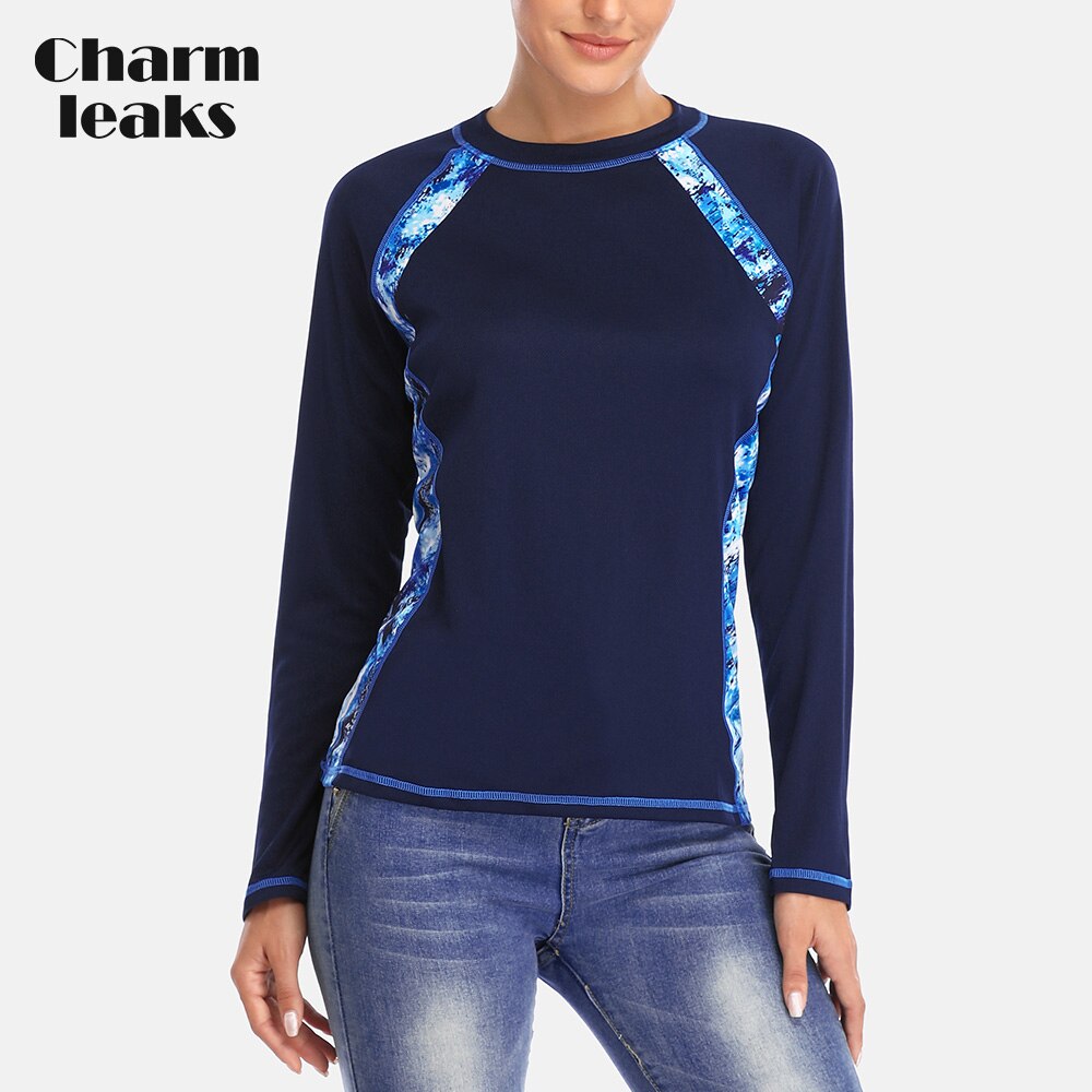 Charmleaks Vrouwen Lange Mouwen sneldrogende Shirt Patchwork Rashguard Rijden Top Rash Guard UPF50 + Wandelen Shirts