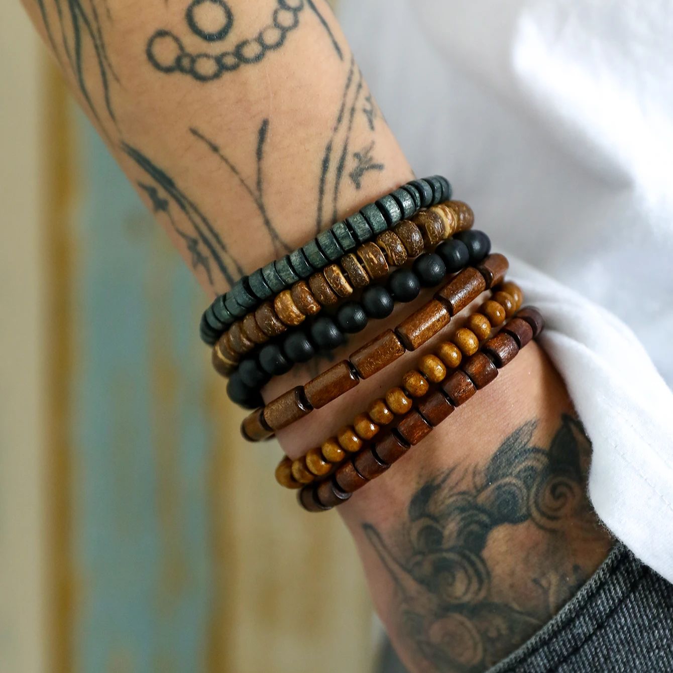 6 pçs novo estilo nacional de madeira retro masculino artesanal frisado pulseira design multi-cor linha elástica conjunto de pulseira de contas de madeira