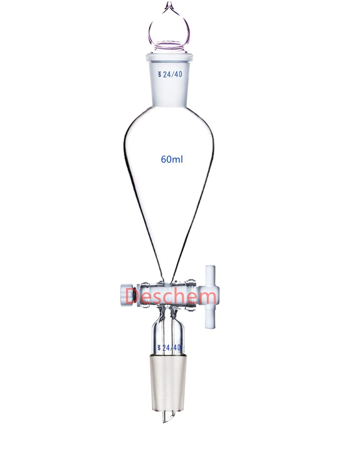 60ml,24/40, laboratoryjny rozdzielacz Pyriform, kurek PTFE, złącza uziemiające