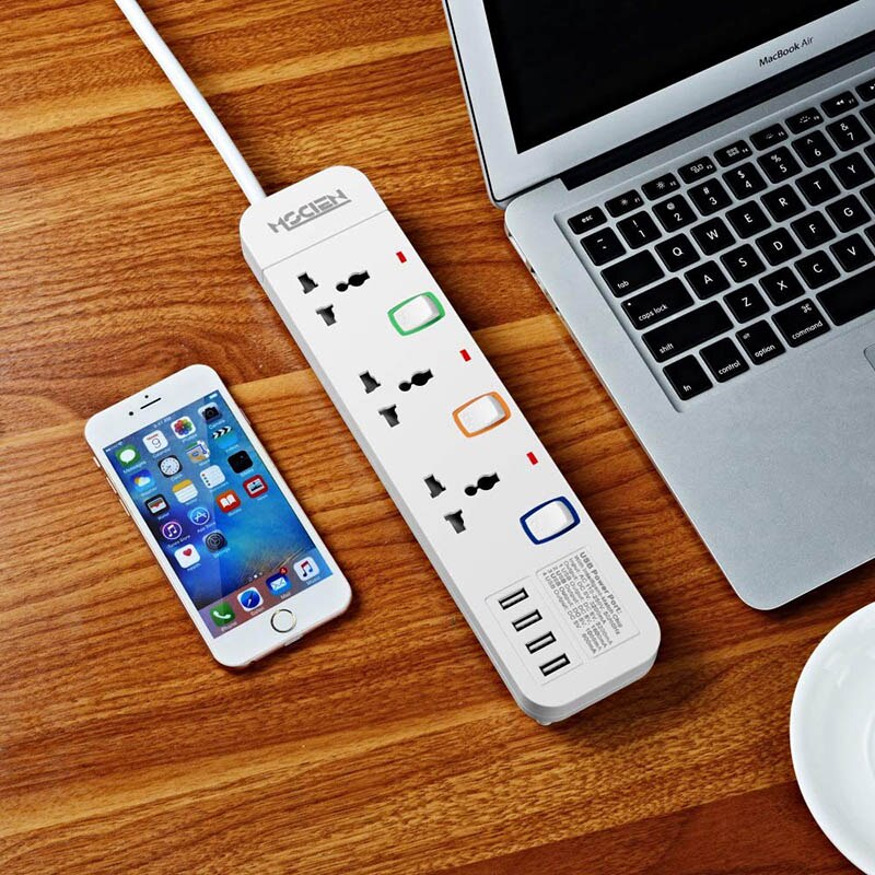 Extension Sockets with USB EU 3 Way Individually Switched Socket 4 USB Ports Surge Protection Power Strip 1.8m White