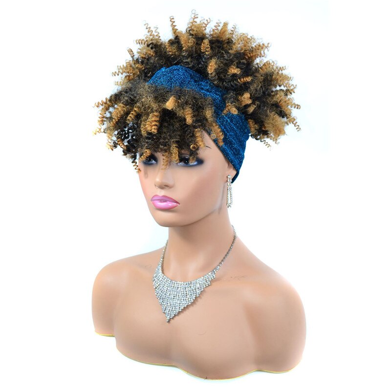 Korte Afro Kinky Krullend Tulband Wrap Pruiken Voor Zwarte Vrouwen Ombre Trekkoord Hoofdband Pruik 10 "Afro Bladerdeeg Haarband Pruik gember Blonde: T1B/27