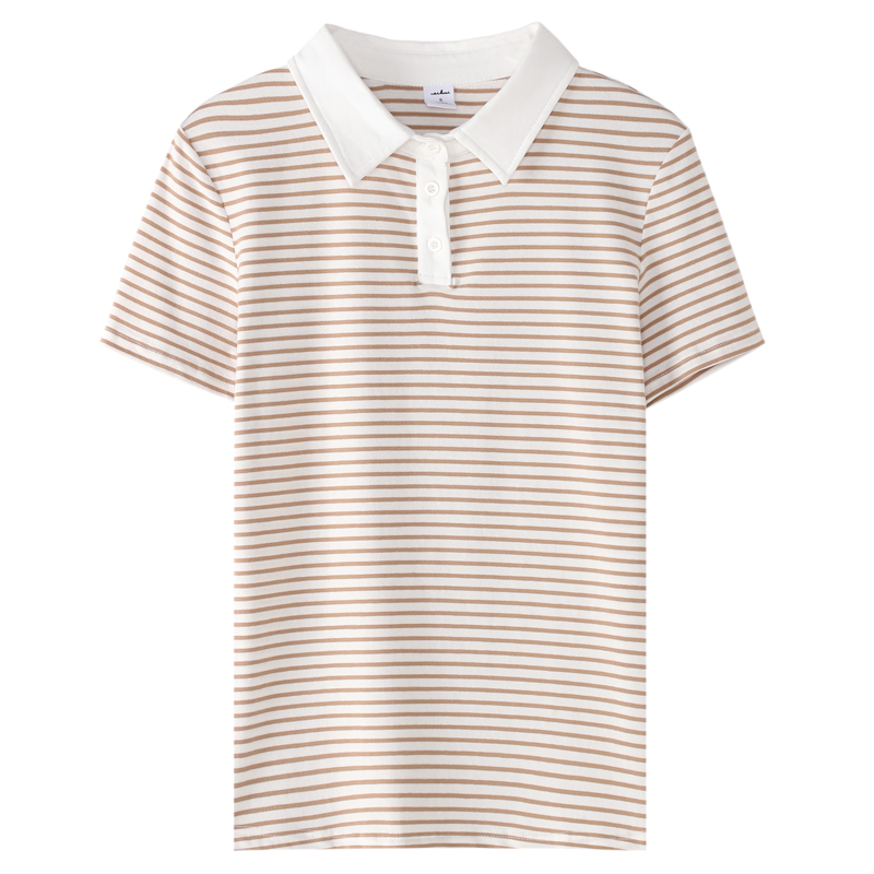 Korean Style Short Sleeve Polo Shirt Women Cotton Stretch Summer Tops Knitted Striped T-shirt For Women