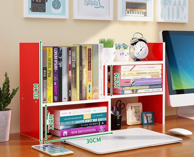 Wooden Desk Organizer Stationery Students Simple Wooden Bookshelf Office School Mini Bookcase Desktop Rack With Screwdriver: red and white