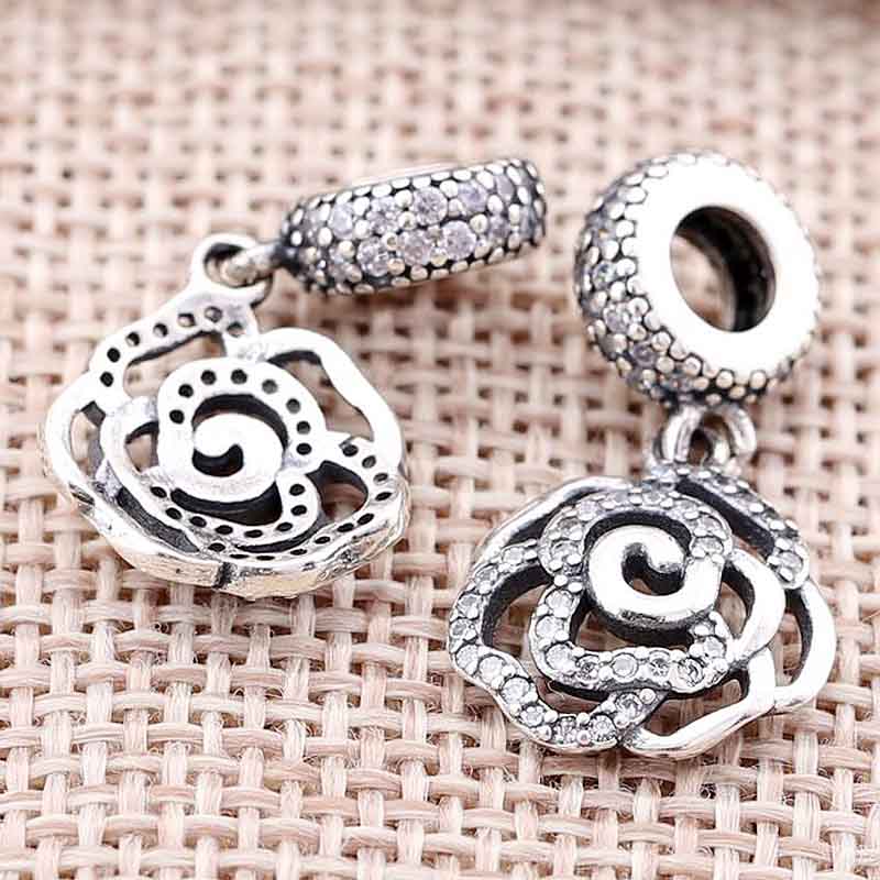 Originele Opengewerkte Rose Bloem Met Crystal Hanger Kraal Fit 925 Sterling Zilveren Kraal Charm Armband Diy Sieraden