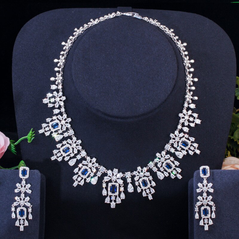 Beakeen-boucles d'oreilles et colliers en zircone cubique vert, grands ensembles de bijoux de mariée de dubaï, accessoires de mariage, JS207: Blue