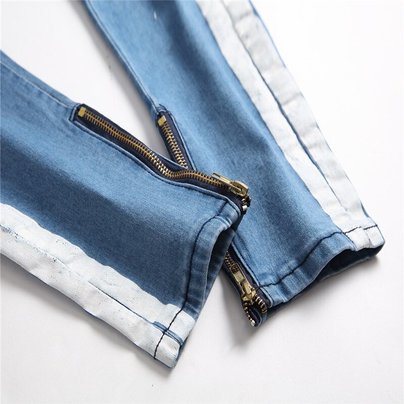 Weiße Streifen auf Seite hoch Straße Jeans Männer Neue für männer Denim Hosen Baumwolle Schwarz Blau