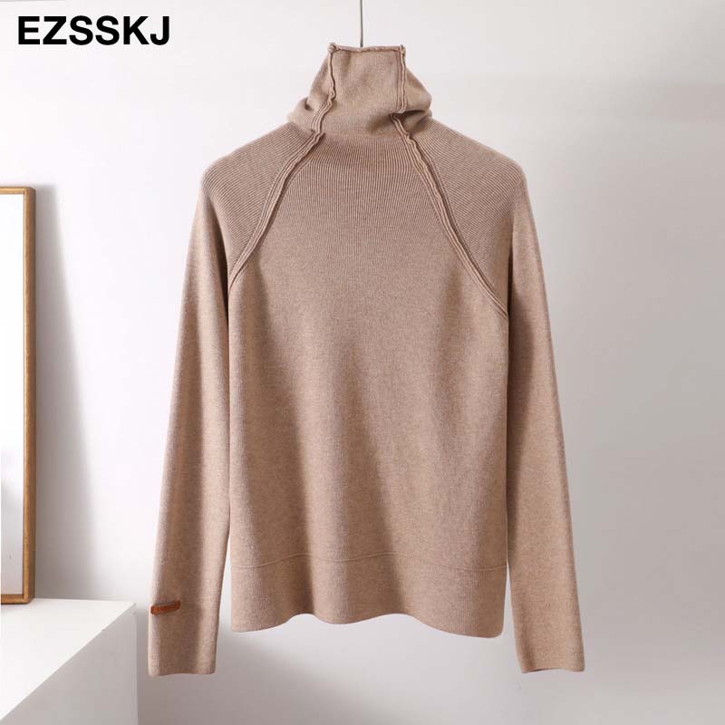 Turtleneck sweater kvinder efterår vinter tyk pullover solid strikket sweater kvindelig overdimensioneret bunkekrave sweater: Khaki