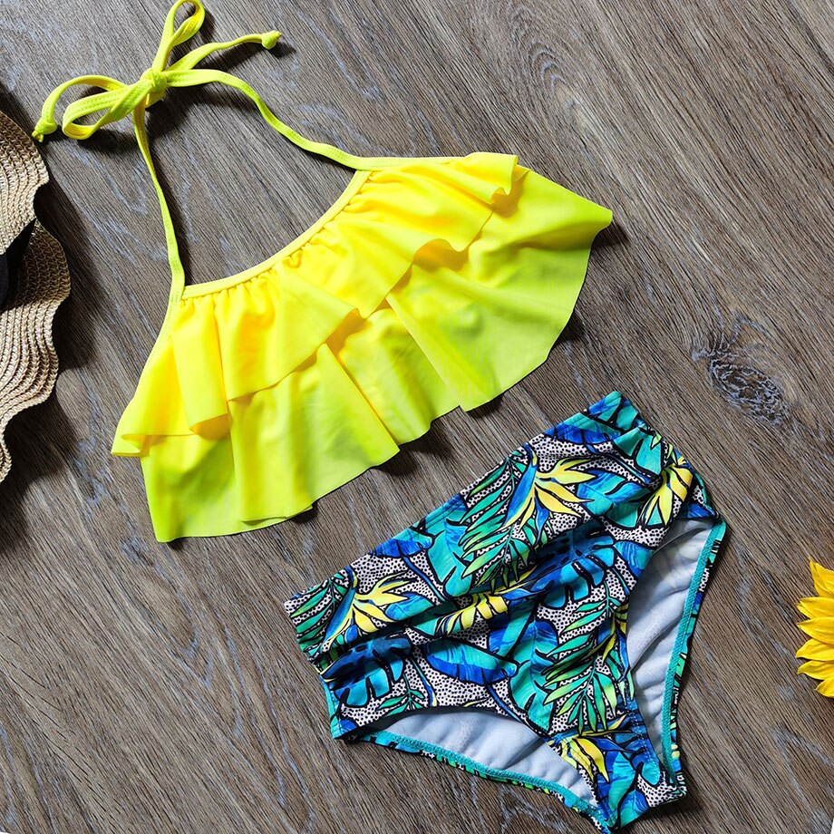 5-10 Years Girl Swimsuit Kids Ruffle Girl Bikini Set Halter Top Two Piece Children's Swimwear Tropical Plant Girls Bathing Suit