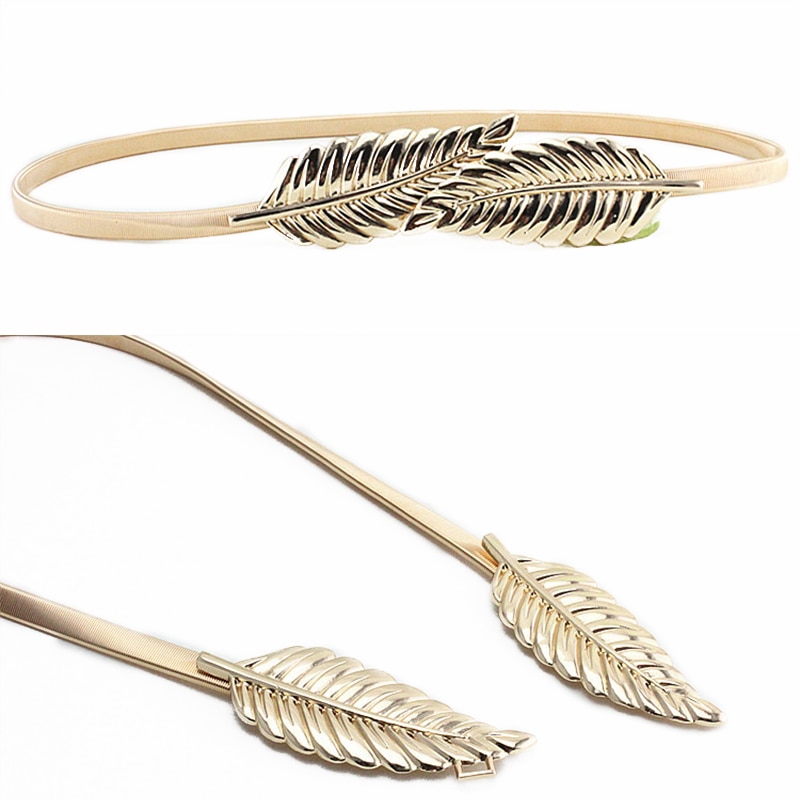 Ceinture avec boucle métallique élastique pour femmes, tenue avec chaîne or/argent, feuilles de fleurs