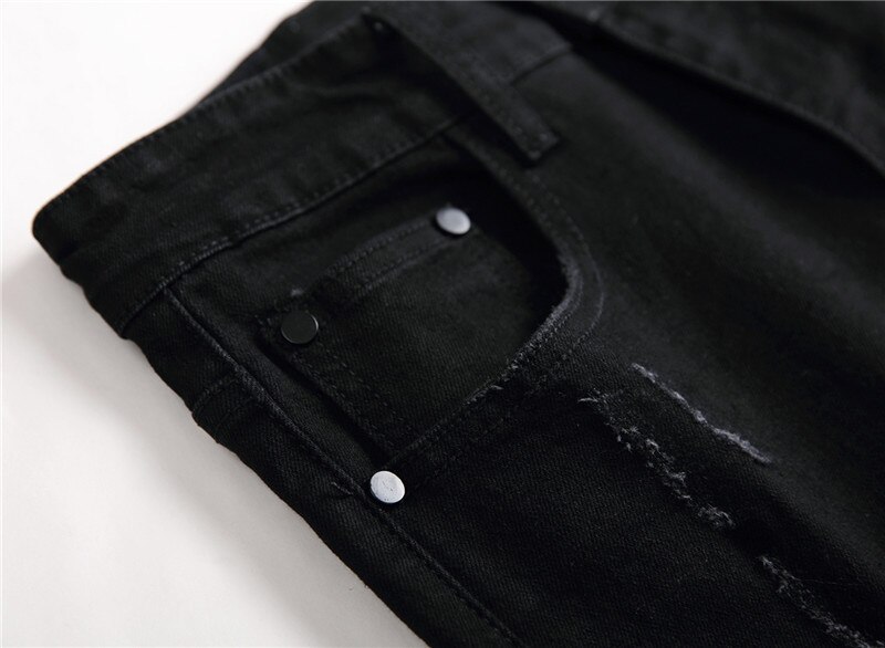 Jean punk rock brodé pour homme, pantalon noir slim décontracté en coton extensible, avec rivets décoratifs