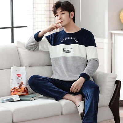 Pijamas gruesos cálidos para hombre, traje de franela gruesa de talla grande, ropa de casa informal de manga larga, forro polar coral, otoño e invierno, novedad de 2022: A7 / XXL