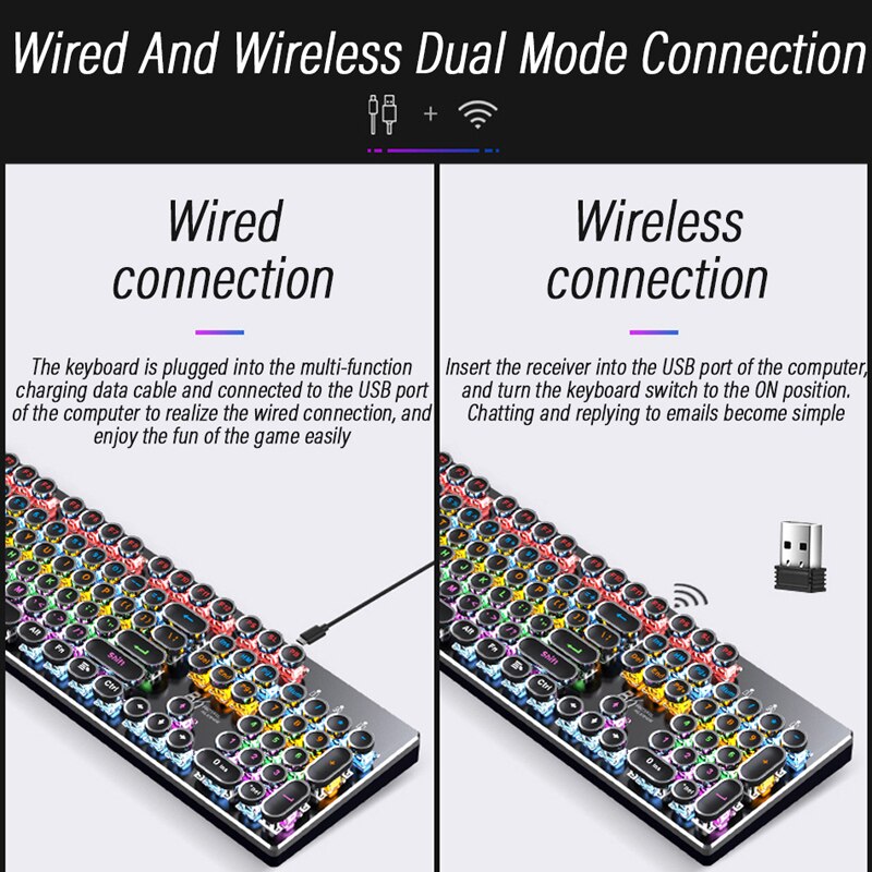 Wireless Retro Punk Mechanical Keyboard English Layout 104-Keys Backlit Anti-Ghosting Gaming Keyboard Blue/Black/Tawny Switch