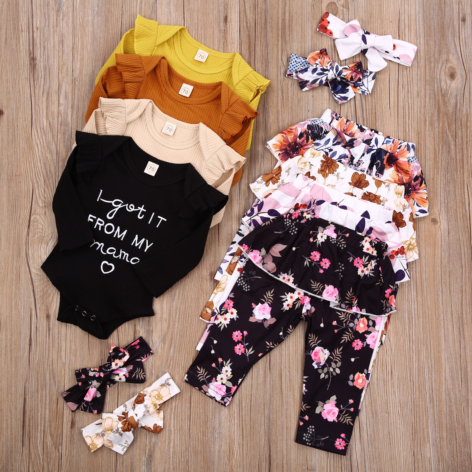 Baby Girl Top, Pants Suit, Round Neck Long Sleeve Shirt Ruffle Hem Skirt Flower Printed Loose Trousers, Headband
