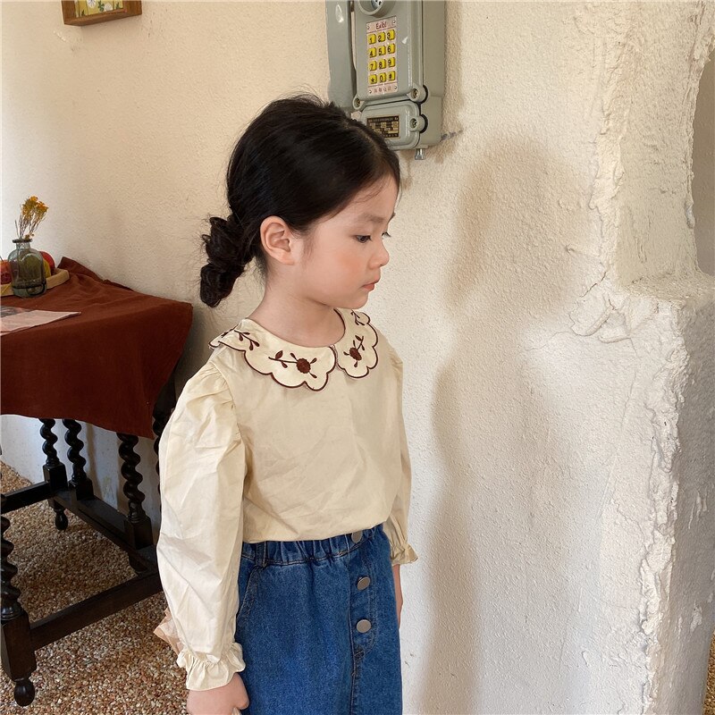 New Autumn Toddler Kids Girls camicia da ricamo manica lunga pizzo di cotone bambini ragazza top camicetta abbigliamento per bambini: Apricot / 2T--90