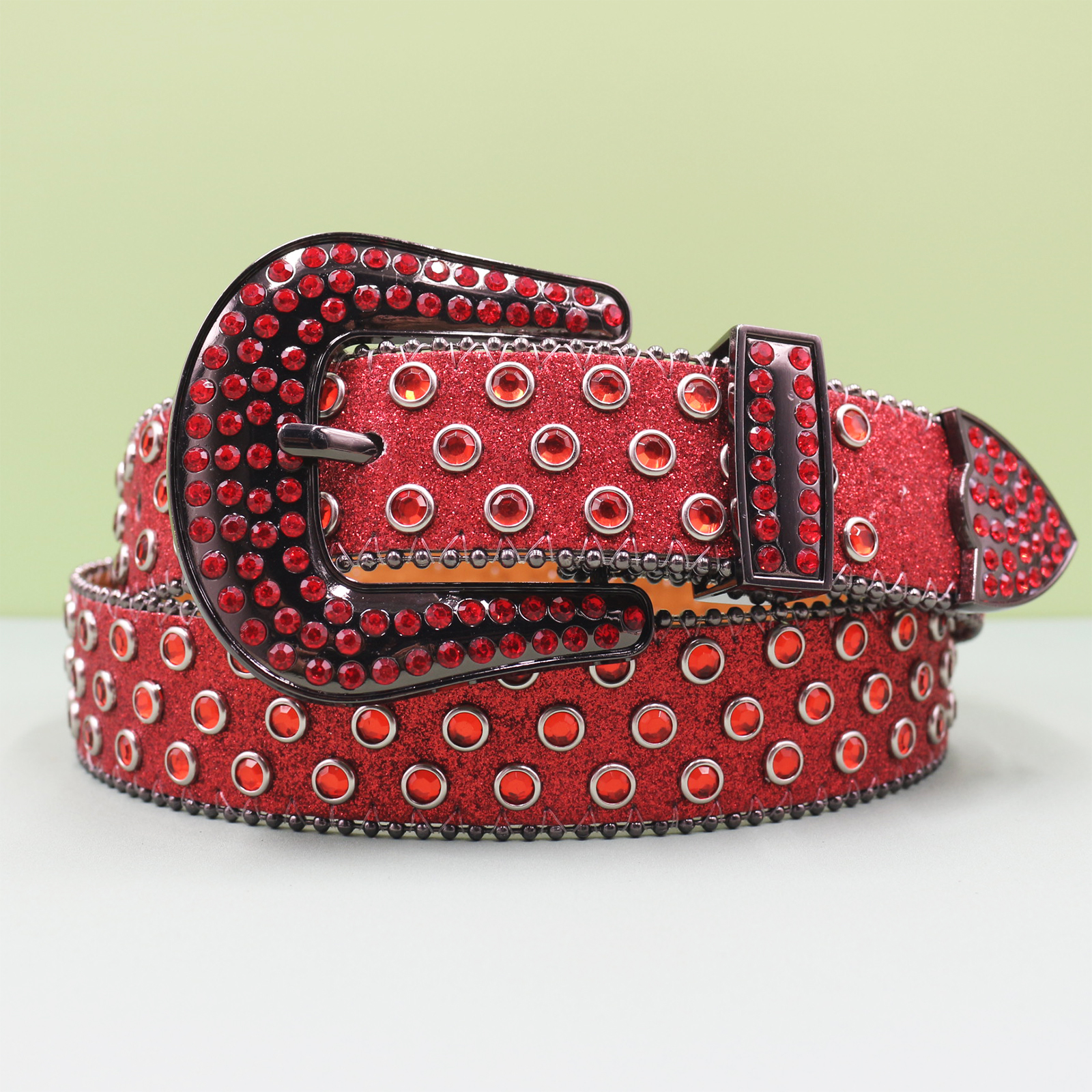 Ceinture en jean pour hommes et femmes, grande taille, en Denim occidental, à rivets brillants, en cuir, Style HipHop Punk Rock Y2K: Rouge / 115 CM