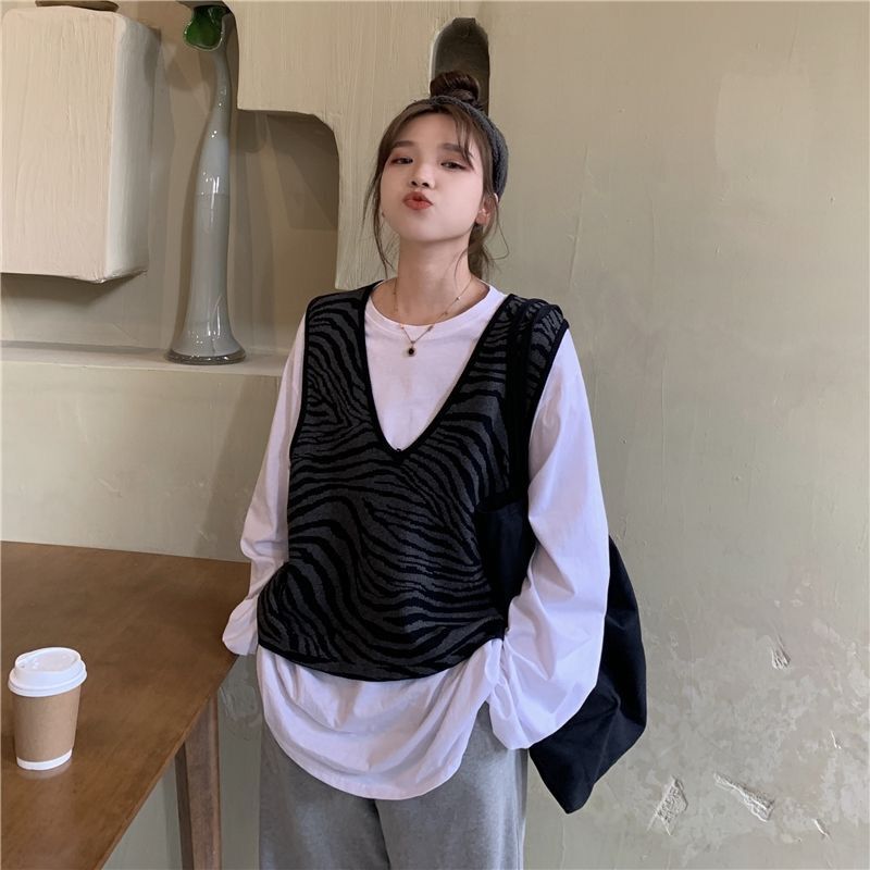 Stickad tröja väst dam höst koreansk stil vintage zebra randig v-ringad ärmlös tröja linne väst  t544