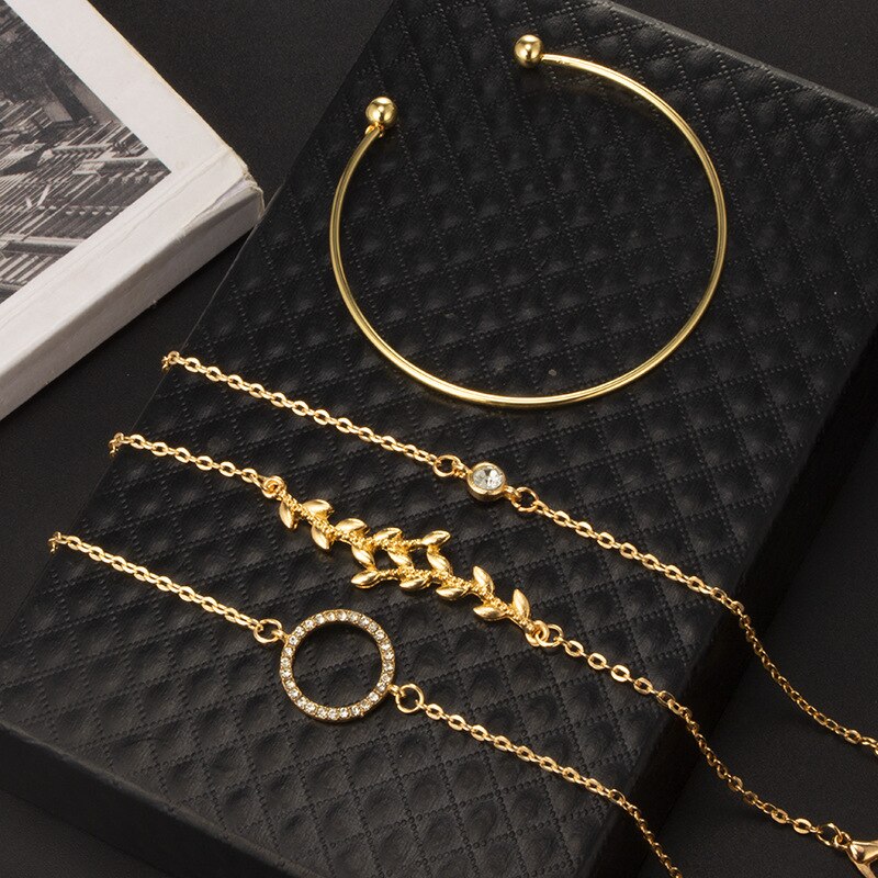 4 unids/set brazaletes Simple hueco círculo hoja rama Simple redondo cristal cadena pulsera abierto brazalete para mujer oro