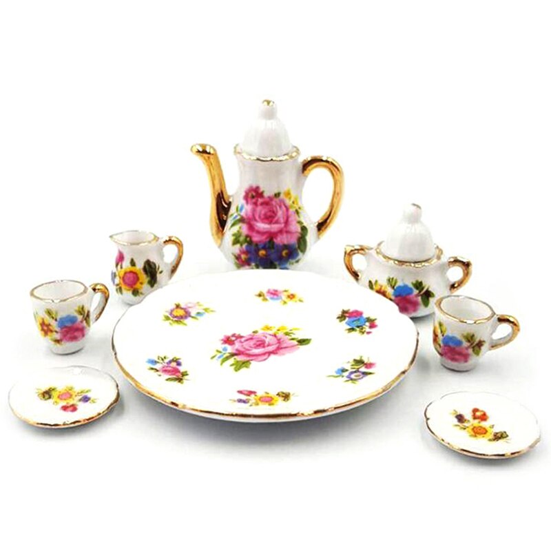 8 pezzi In Miniatura Casa Delle Bambole Piatti E Posateria Tè In Porcellana Set Da Tavola Tazza Piatto Colorato Stampa Floreale