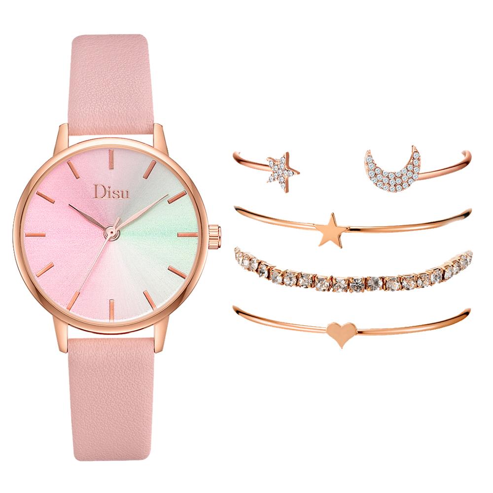 5 stk kvinder læder ure sæt gradient skive quartz ur dame armbåndsur luksus star armbåndsur