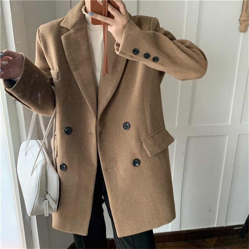 HziriP OL-Chaqueta de lana gruesa acolchada con muescas para mujer, Blazer minimalista, Tops de otoño e invierno, abrigo informal holgado: khaki