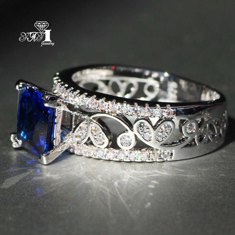 Joyería YaYI de corte princesa, anillos de compromiso de circonita azul de 3,2 CT, anillos de boda, anillos de 637