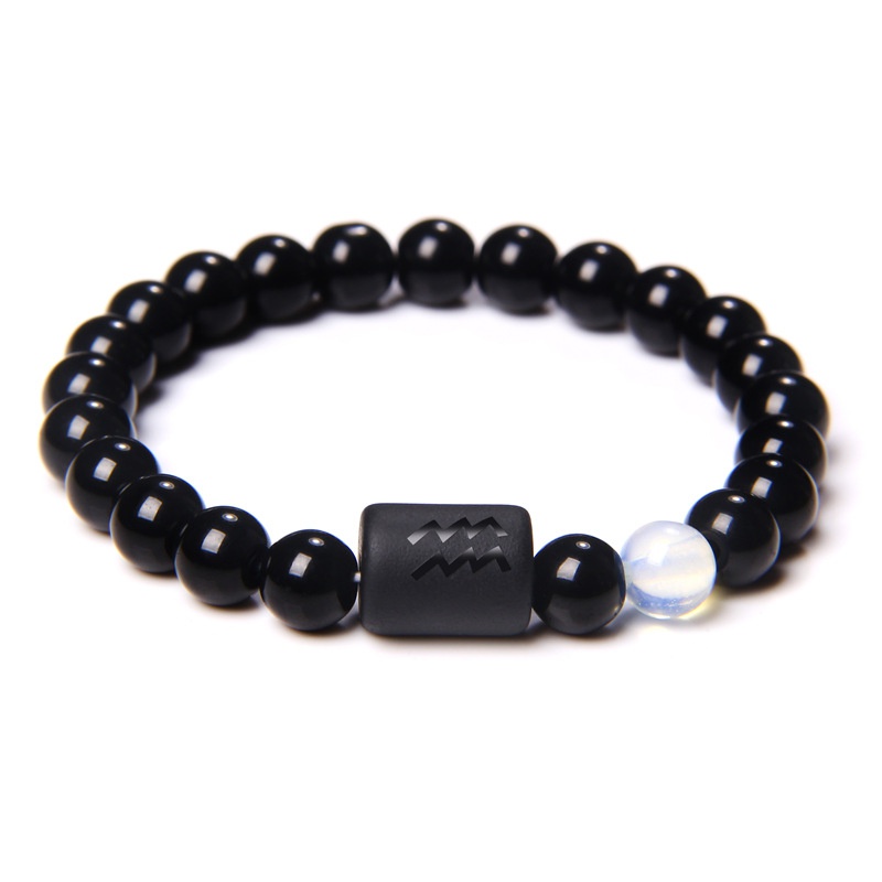 12 Constellation Zodiac Signs Beads Couples Bracelet Natural Black Onyx Stone Elastic Charm Bracelet for Women Men Birthday: Hot Stamping