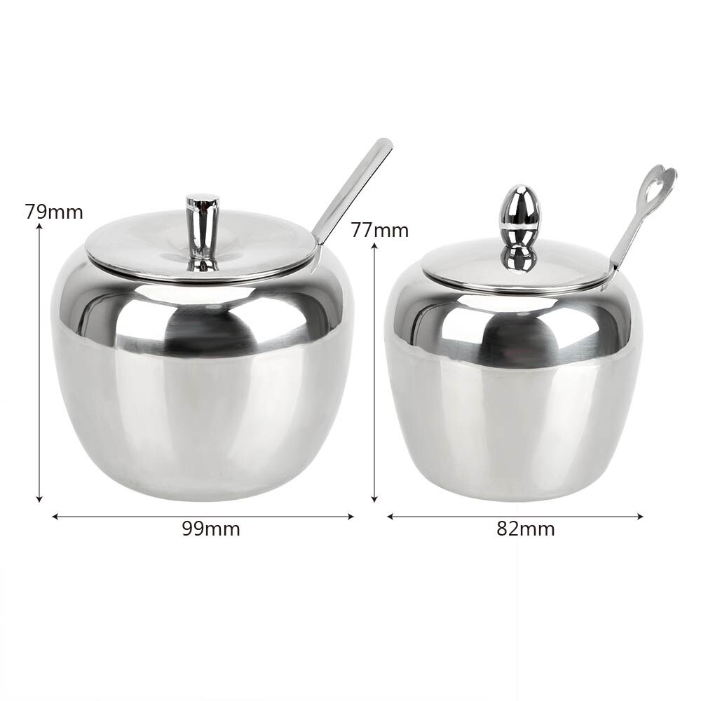 Spice Container With Lid and Spoon Tableware Stainless Steel Apple Sugar Bowl Condiment Pot Seasoning Jar