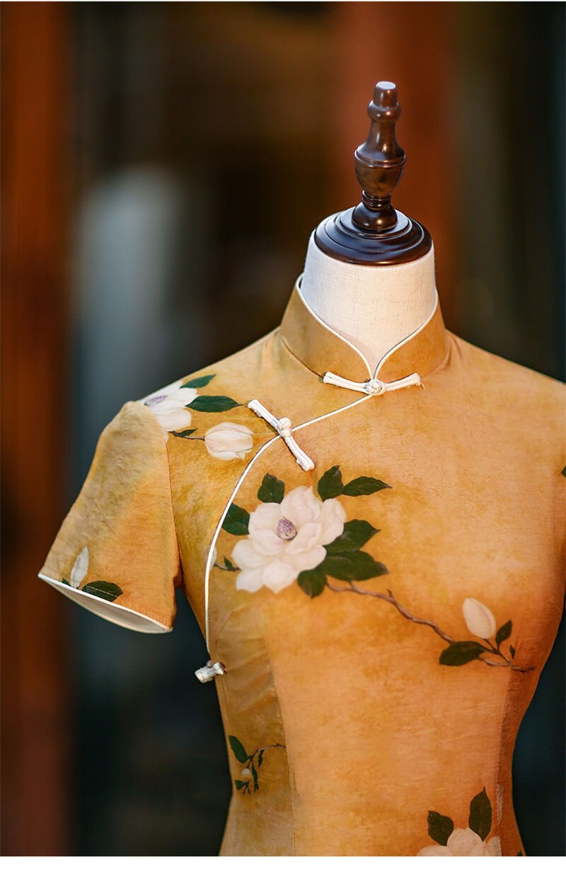 Yellow Chinese Cheongsam Girl Spring Vintage Dress Women Clothing Handmade Button Floral Long Dress Qipao