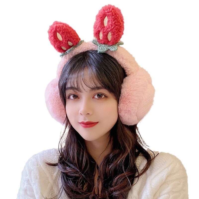 Women Student Winter Fluffy Plush Earmuffs Cute Cartoon 3D Strawberry Ears Earflap Foldable Portable Ear Warmers Covers