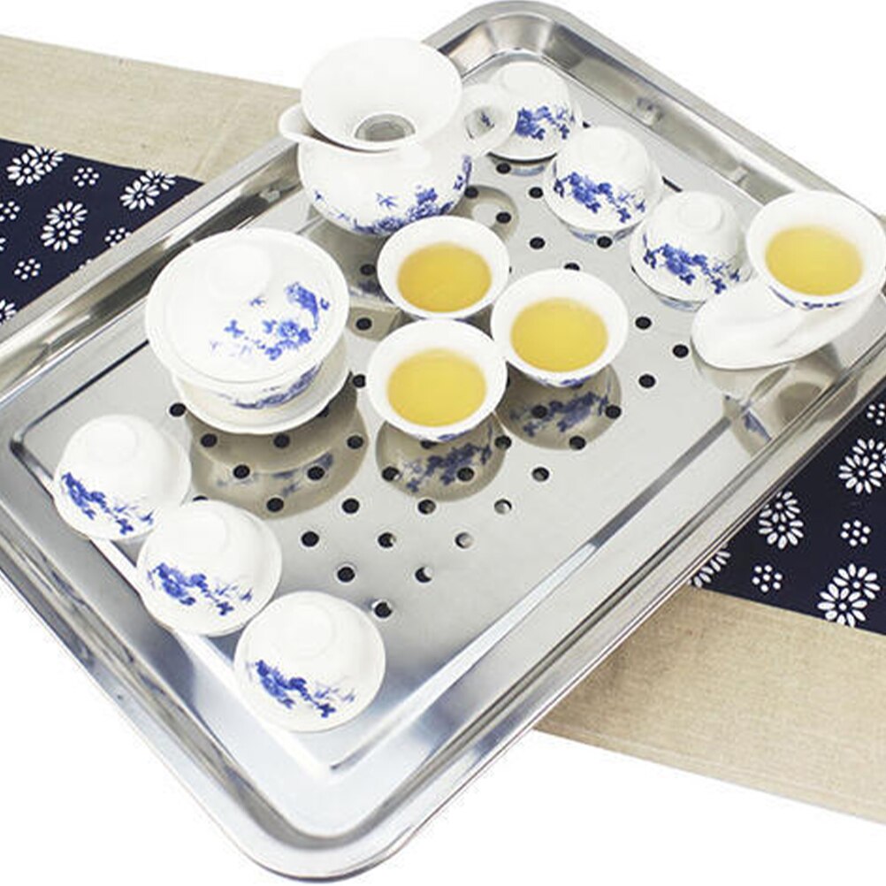 Stainless Steel Tea Cup Tray Household Tea Plate Japanese Style Hollow Tray Holder for Home Teahouse (36x27cm)