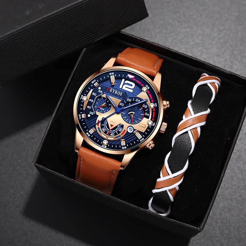 2 Stück einstellen Herren Kalender Uhren Luxus männlich Geschäft lässig braun Leder Quarzuhr Männer Armbinde Armbanduhr: Ursprünglich Titel